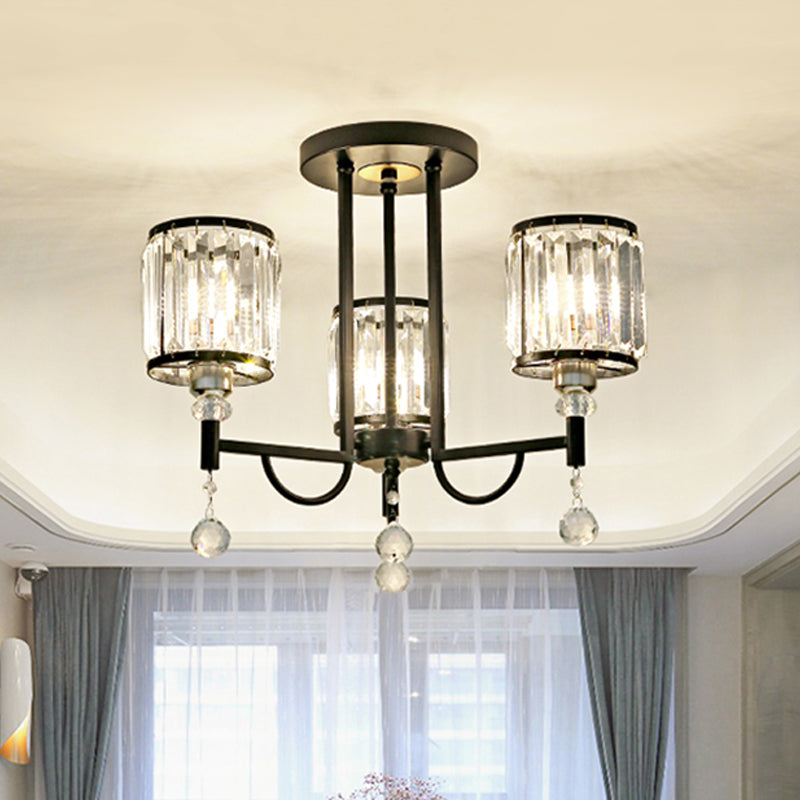 Black Cylinder Semi Flush Ceiling Light Modernist Clear Crystal 3/6/8 Heads Ceiling Lamp for Bedroom 3 Black Clearhalo 'Ceiling Lights' 'Close To Ceiling Lights' 'Close to ceiling' 'Semi-flushmount' Lighting' 561740