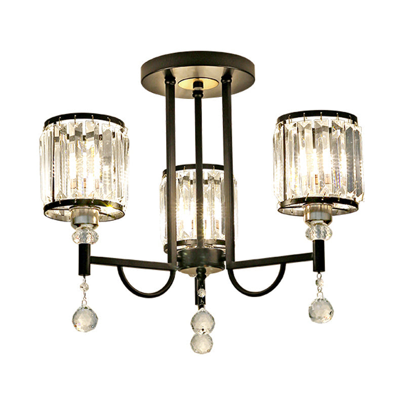 Black Cylinder Semi Flush Ceiling Light Modernist Clear Crystal 3/6/8 Heads Ceiling Lamp for Bedroom Clearhalo 'Ceiling Lights' 'Close To Ceiling Lights' 'Close to ceiling' 'Semi-flushmount' Lighting' 561742