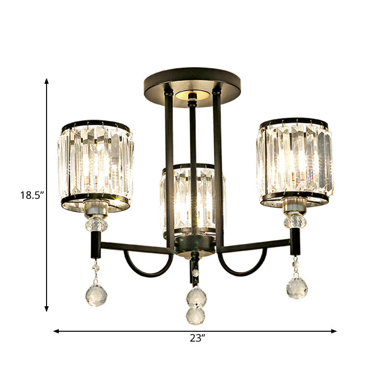 Black Cylinder Semi Flush Ceiling Light Modernist Clear Crystal 3/6/8 Heads Ceiling Lamp for Bedroom Clearhalo 'Ceiling Lights' 'Close To Ceiling Lights' 'Close to ceiling' 'Semi-flushmount' Lighting' 561743