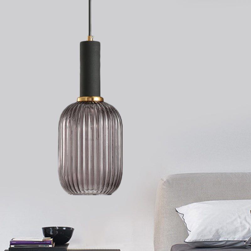 Black/Gold Cylinder/Oval/Capsule Pendant Lamp Modernist 1 Light Grey/Green/Amber Ribbed Glass Ceiling Light Fixture for Kitchen Black Gray Capsule Clearhalo 'Ceiling Lights' 'Glass shade' 'Glass' 'Modern Pendants' 'Modern' 'Pendant Lights' 'Pendants' Lighting' 598306