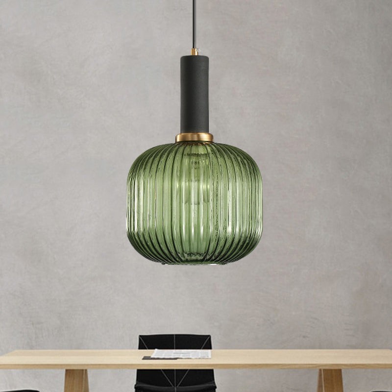 Black/Gold Cylinder/Oval/Capsule Pendant Lamp Modernist 1 Light Grey/Green/Amber Ribbed Glass Ceiling Light Fixture for Kitchen Black Green Cylinder Clearhalo 'Ceiling Lights' 'Glass shade' 'Glass' 'Modern Pendants' 'Modern' 'Pendant Lights' 'Pendants' Lighting' 598327
