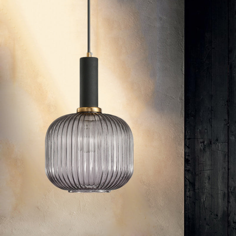 Black/Gold Cylinder/Oval/Capsule Pendant Lamp Modernist 1 Light Grey/Green/Amber Ribbed Glass Ceiling Light Fixture for Kitchen Black Gray Cylinder Clearhalo 'Ceiling Lights' 'Glass shade' 'Glass' 'Modern Pendants' 'Modern' 'Pendant Lights' 'Pendants' Lighting' 598332