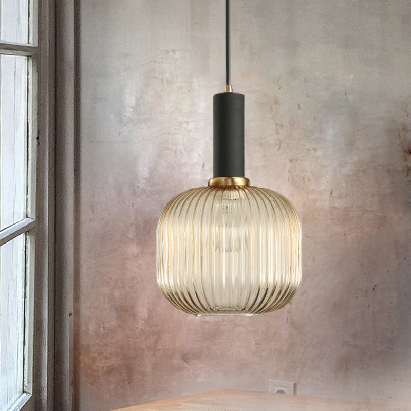 Black/Gold Cylinder/Oval/Capsule Pendant Lamp Modernist 1 Light Grey/Green/Amber Ribbed Glass Ceiling Light Fixture for Kitchen Black Amber Cylinder Clearhalo 'Ceiling Lights' 'Glass shade' 'Glass' 'Modern Pendants' 'Modern' 'Pendant Lights' 'Pendants' Lighting' 598336