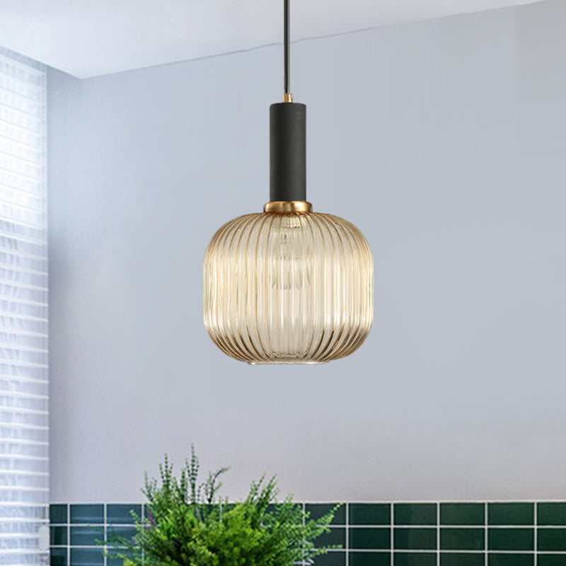 Black/Gold Cylinder/Oval/Capsule Pendant Lamp Modernist 1 Light Grey/Green/Amber Ribbed Glass Ceiling Light Fixture for Kitchen Clearhalo 'Ceiling Lights' 'Glass shade' 'Glass' 'Modern Pendants' 'Modern' 'Pendant Lights' 'Pendants' Lighting' 598337