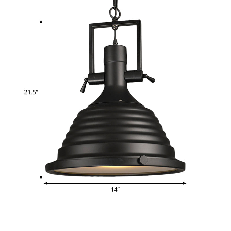 Black 1 Bulb Pendant Light Industrial Style Metallic Ripple Shade Hanging Lamp with Frosted Diffuser, 14"/16" W Clearhalo 'Art Deco Pendants' 'Black' 'Cast Iron' 'Ceiling Lights' 'Ceramic' 'Crystal' 'Industrial Pendants' 'Industrial' 'Metal' 'Middle Century Pendants' 'Pendant Lights' 'Pendants' 'Rustic Pendants' 'Tiffany' Lighting' 598462