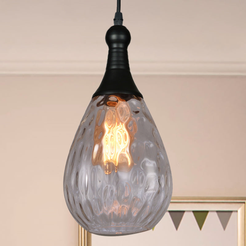 Black/Brass Teardrop Ceiling Light Industrial Clear/Amber/Grey Water Glass 1-Light Bedroom Pendant Lighting Fixture Clear Black Clearhalo 'Ceiling Lights' 'Glass shade' 'Glass' 'Industrial Pendants' 'Industrial' 'Middle Century Pendants' 'Pendant Lights' 'Pendants' 'Tiffany' Lighting' 599421
