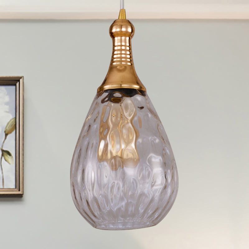 Black/Brass Teardrop Ceiling Light Industrial Clear/Amber/Grey Water Glass 1-Light Bedroom Pendant Lighting Fixture Clear Brass Clearhalo 'Ceiling Lights' 'Glass shade' 'Glass' 'Industrial Pendants' 'Industrial' 'Middle Century Pendants' 'Pendant Lights' 'Pendants' 'Tiffany' Lighting' 599426