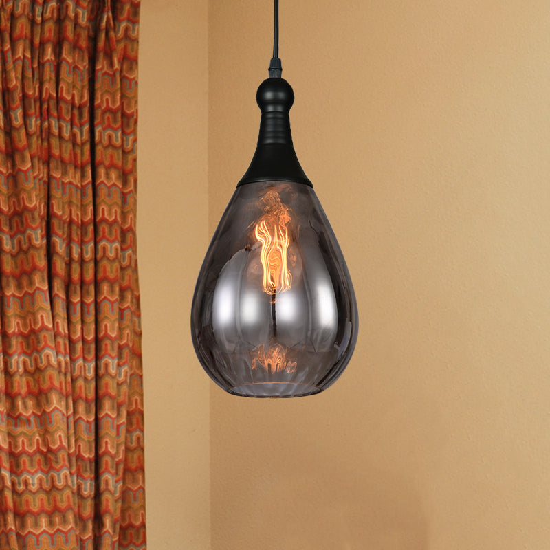 Black/Brass Teardrop Ceiling Light Industrial Clear/Amber/Grey Water Glass 1-Light Bedroom Pendant Lighting Fixture Clearhalo 'Ceiling Lights' 'Glass shade' 'Glass' 'Industrial Pendants' 'Industrial' 'Middle Century Pendants' 'Pendant Lights' 'Pendants' 'Tiffany' Lighting' 599431