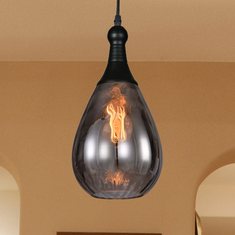 Black/Brass Teardrop Ceiling Light Industrial Clear/Amber/Grey Water Glass 1-Light Bedroom Pendant Lighting Fixture Clearhalo 'Ceiling Lights' 'Glass shade' 'Glass' 'Industrial Pendants' 'Industrial' 'Middle Century Pendants' 'Pendant Lights' 'Pendants' 'Tiffany' Lighting' 599432