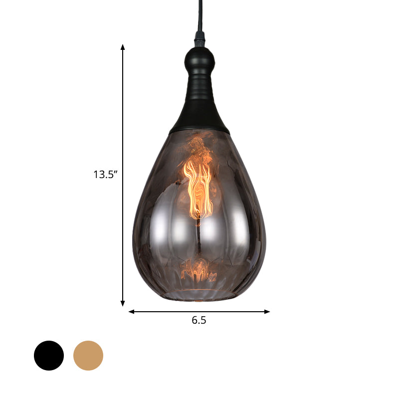 Black/Brass Teardrop Ceiling Light Industrial Clear/Amber/Grey Water Glass 1-Light Bedroom Pendant Lighting Fixture Clearhalo 'Ceiling Lights' 'Glass shade' 'Glass' 'Industrial Pendants' 'Industrial' 'Middle Century Pendants' 'Pendant Lights' 'Pendants' 'Tiffany' Lighting' 599434