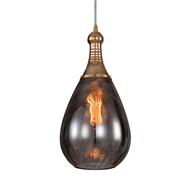 Black/Brass Teardrop Ceiling Light Industrial Clear/Amber/Grey Water Glass 1-Light Bedroom Pendant Lighting Fixture Clearhalo 'Ceiling Lights' 'Glass shade' 'Glass' 'Industrial Pendants' 'Industrial' 'Middle Century Pendants' 'Pendant Lights' 'Pendants' 'Tiffany' Lighting' 599438