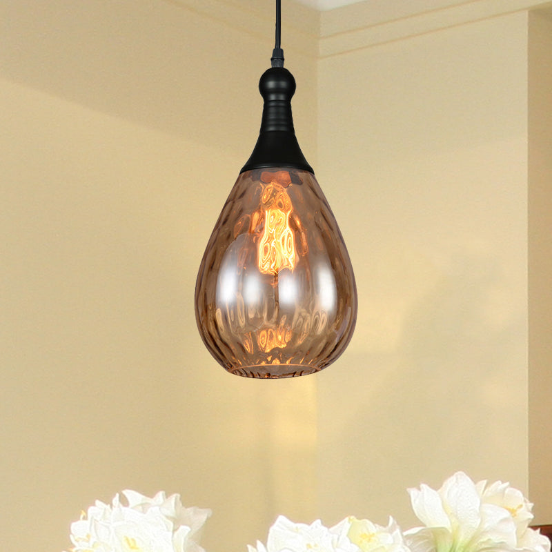 Black/Brass Teardrop Ceiling Light Industrial Clear/Amber/Grey Water Glass 1-Light Bedroom Pendant Lighting Fixture Clearhalo 'Ceiling Lights' 'Glass shade' 'Glass' 'Industrial Pendants' 'Industrial' 'Middle Century Pendants' 'Pendant Lights' 'Pendants' 'Tiffany' Lighting' 599440