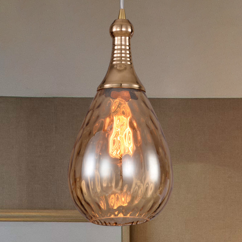 Black/Brass Teardrop Ceiling Light Industrial Clear/Amber/Grey Water Glass 1-Light Bedroom Pendant Lighting Fixture Amber Brass Clearhalo 'Ceiling Lights' 'Glass shade' 'Glass' 'Industrial Pendants' 'Industrial' 'Middle Century Pendants' 'Pendant Lights' 'Pendants' 'Tiffany' Lighting' 599444