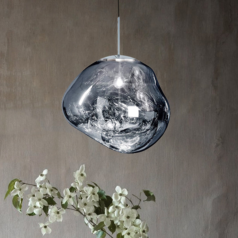 Contemporary Irregular Pendant Lighting Silver/Red Glass 1 Light Dining Room Hanging Lamp, 8"/12" Wide Silver Clearhalo 'Ceiling Lights' 'Glass shade' 'Glass' 'Modern Pendants' 'Modern' 'Pendant Lights' 'Pendants' Lighting' 599736