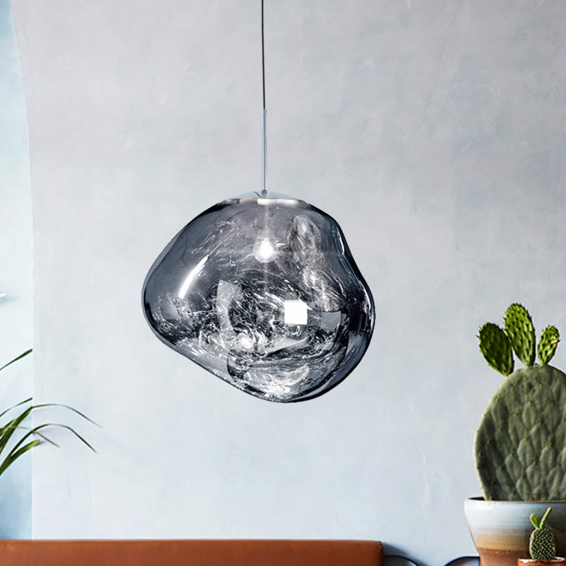 Contemporary Irregular Pendant Lighting Silver/Red Glass 1 Light Dining Room Hanging Lamp, 8"/12" Wide Clearhalo 'Ceiling Lights' 'Glass shade' 'Glass' 'Modern Pendants' 'Modern' 'Pendant Lights' 'Pendants' Lighting' 599737