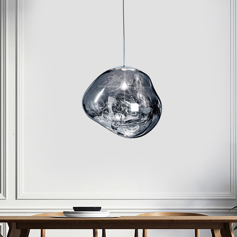 Contemporary Irregular Pendant Lighting Silver/Red Glass 1 Light Dining Room Hanging Lamp, 8"/12" Wide Clearhalo 'Ceiling Lights' 'Glass shade' 'Glass' 'Modern Pendants' 'Modern' 'Pendant Lights' 'Pendants' Lighting' 599738