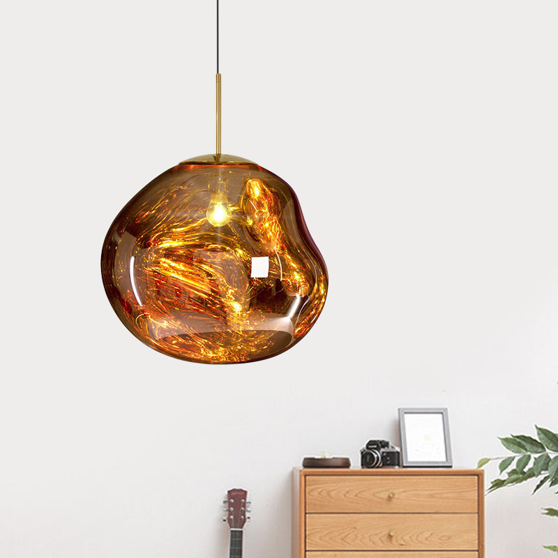 Contemporary Irregular Pendant Lighting Silver/Red Glass 1 Light Dining Room Hanging Lamp, 8"/12" Wide Clearhalo 'Ceiling Lights' 'Glass shade' 'Glass' 'Modern Pendants' 'Modern' 'Pendant Lights' 'Pendants' Lighting' 599744