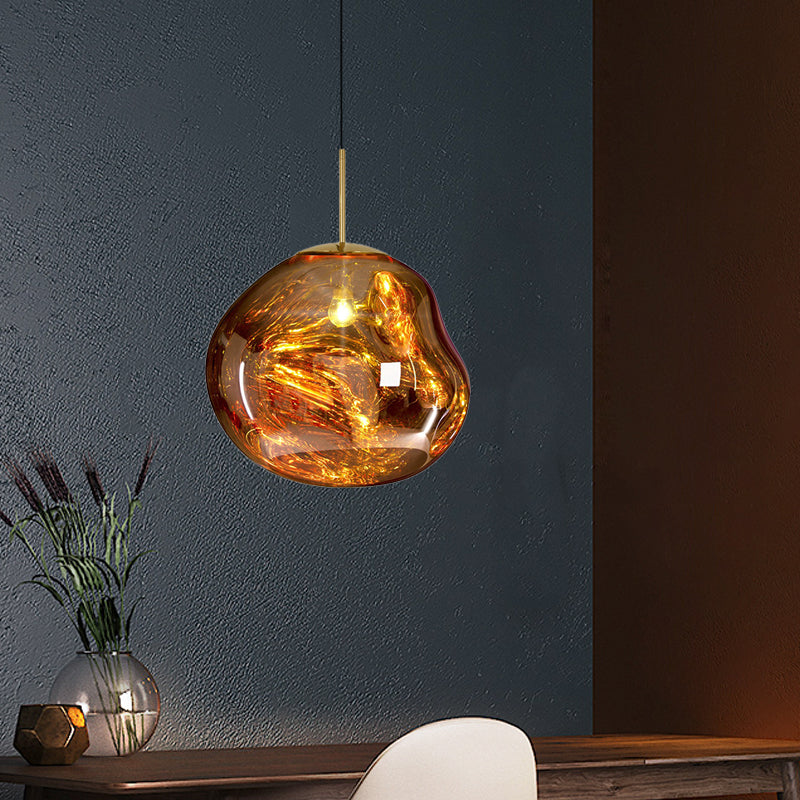 Contemporary Irregular Pendant Lighting Silver/Red Glass 1 Light Dining Room Hanging Lamp, 8"/12" Wide Clearhalo 'Ceiling Lights' 'Glass shade' 'Glass' 'Modern Pendants' 'Modern' 'Pendant Lights' 'Pendants' Lighting' 599745
