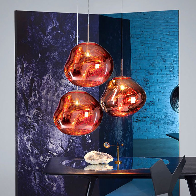 Contemporary Irregular Pendant Lighting Silver/Red Glass 1 Light Dining Room Hanging Lamp, 8"/12" Wide Clearhalo 'Ceiling Lights' 'Glass shade' 'Glass' 'Modern Pendants' 'Modern' 'Pendant Lights' 'Pendants' Lighting' 599749