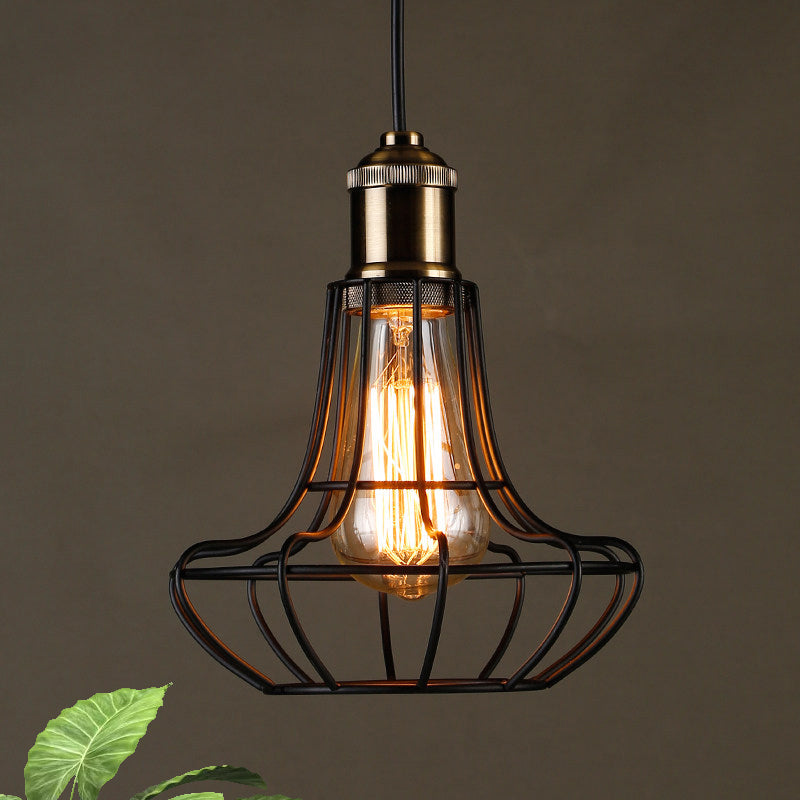 1 Head Vase Cage Shade Ceiling Light Fixture Antique Style Black Finish Metallic Pendant Lamp for Bar, 6"/7.5" Width Clearhalo 'Ceiling Lights' 'Modern Pendants' 'Modern' 'Pendant Lights' 'Pendants' Lighting' 599832