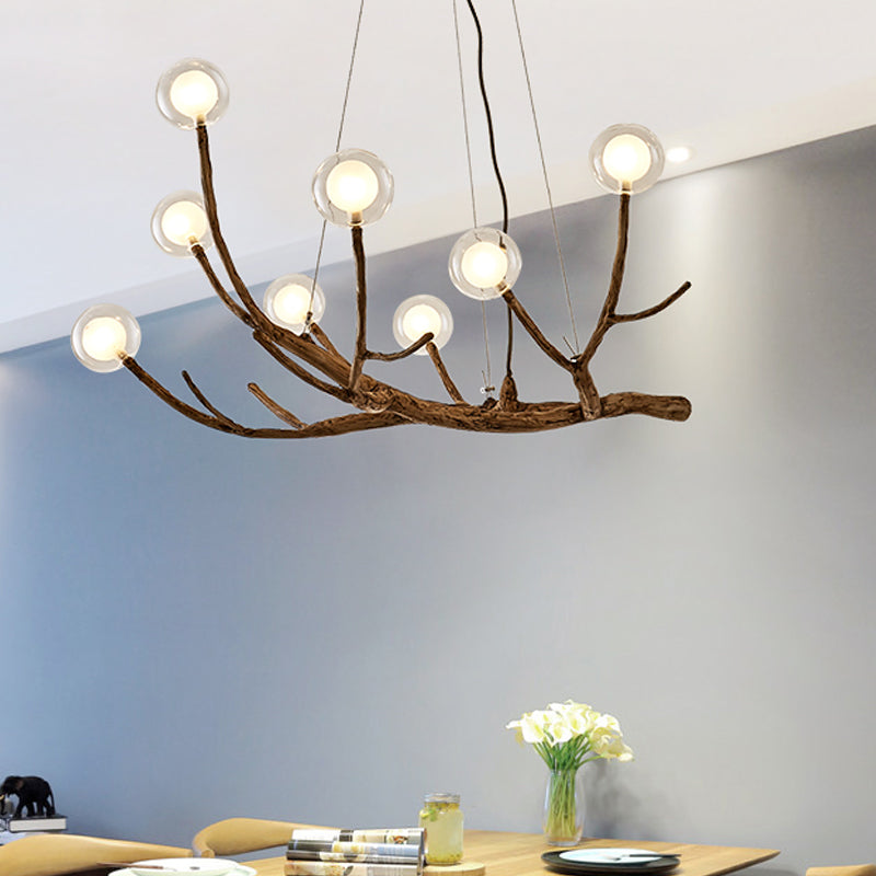 Wooden Branch Chandelier Lamp Lodge Style 8/12/16 Lights Brown Ceiling Light with Clear Glass Ball Shade, Warm/White Light Clearhalo 'Carpenter Chandeliers' 'Ceiling Lights' 'Chandeliers' 'Industrial' 'Modern Chandeliers' 'Modern' Lighting' 599972