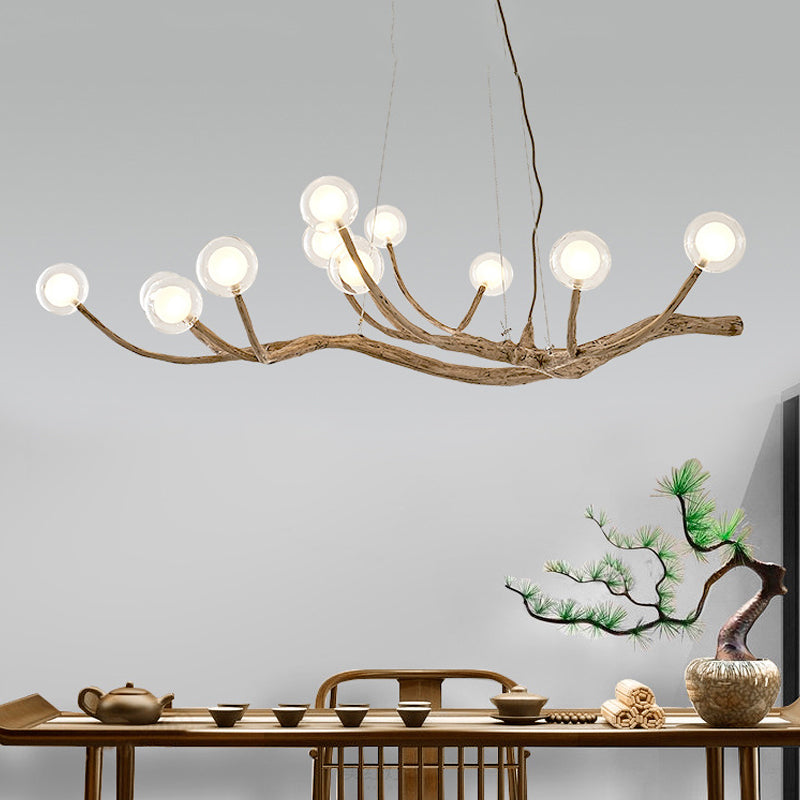 Wooden Branch Chandelier Lamp Lodge Style 8/12/16 Lights Brown Ceiling Light with Clear Glass Ball Shade, Warm/White Light Clearhalo 'Carpenter Chandeliers' 'Ceiling Lights' 'Chandeliers' 'Industrial' 'Modern Chandeliers' 'Modern' Lighting' 599977
