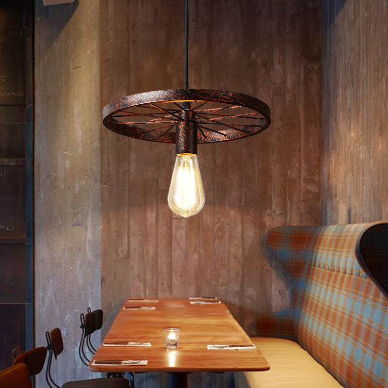 Vintage Bare Bulb Ceiling Light Fixture with Wheel Decoration 1 Light Wrought Iron Pendant Lamp in Blue/Yellow Clearhalo 'Ceiling Lights' 'Pendant Lights' 'Pendants' Lighting' 600294