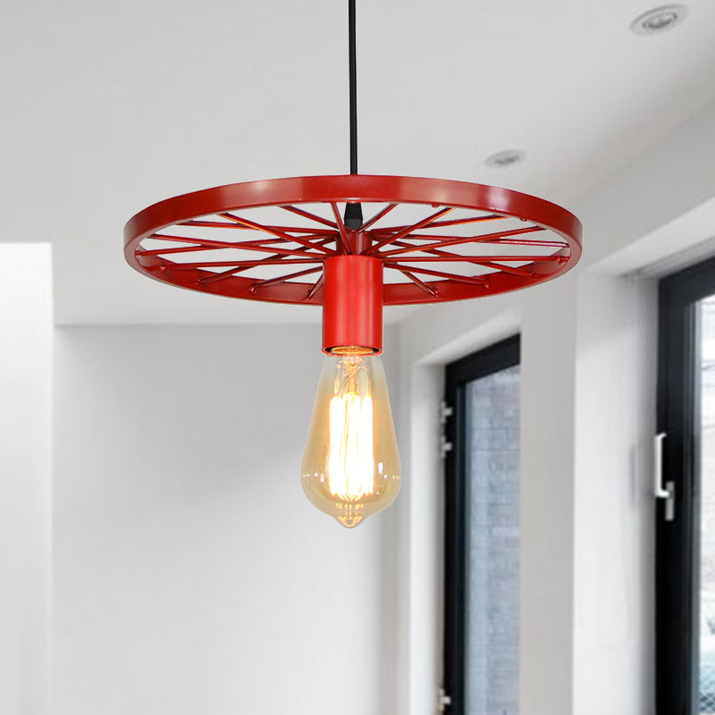 Vintage Bare Bulb Ceiling Light Fixture with Wheel Decoration 1 Light Wrought Iron Pendant Lamp in Blue/Yellow Clearhalo 'Ceiling Lights' 'Pendant Lights' 'Pendants' Lighting' 600310
