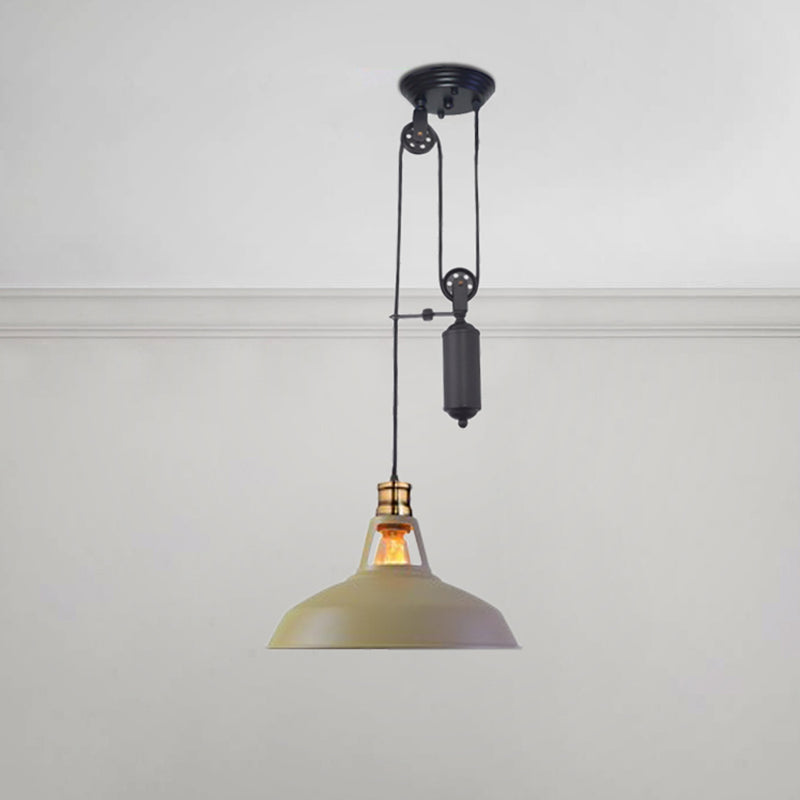 1 Light Barn Pendant Ceiling Lamp Farmhouse Style Black/Beige/Rust/White Metallic Hanging Light with Pulley for Bedroom Clearhalo 'Art Deco Pendants' 'Black' 'Cast Iron' 'Ceiling Lights' 'Ceramic' 'Crystal' 'Industrial Pendants' 'Industrial' 'Metal' 'Middle Century Pendants' 'Pendant Lights' 'Pendants' 'Rustic Pendants' 'Tiffany' Lighting' 600339