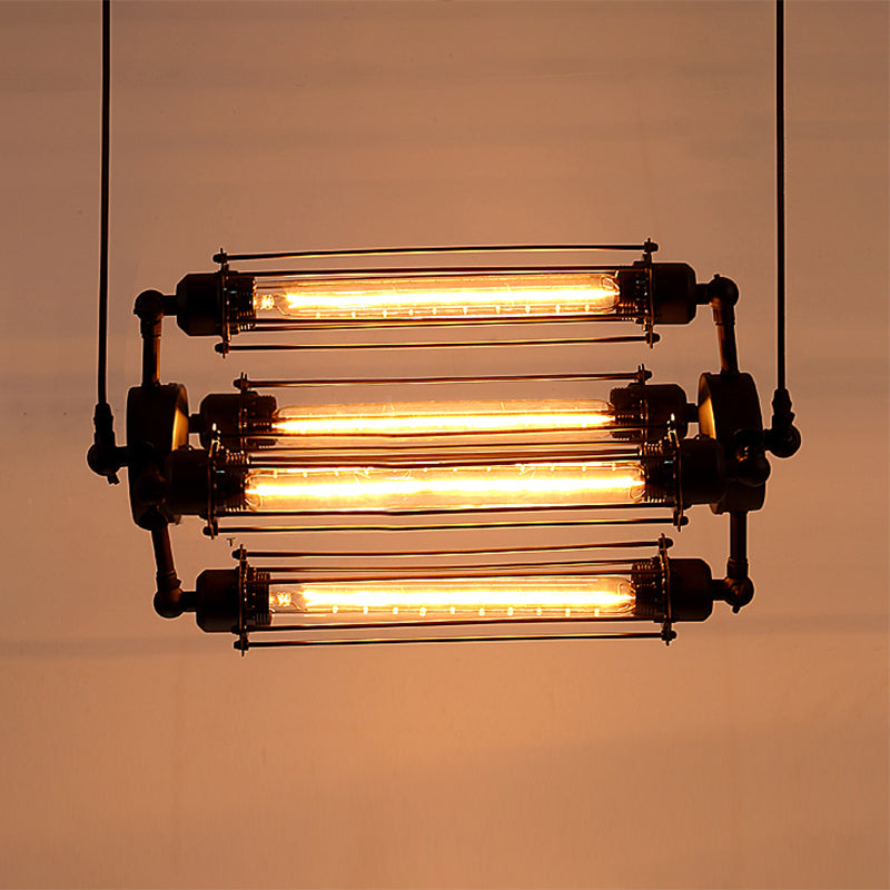 4 Lights Vertical/Horizontal Chandelier Lamp with Tube Cage Shade Iron Industrial Style Indoor Hanging Fixture in Black Clearhalo 'Cast Iron' 'Ceiling Lights' 'Chandeliers' 'Industrial Chandeliers' 'Industrial' 'Metal' 'Middle Century Chandeliers' 'Rustic Chandeliers' 'Tiffany' Lighting' 600680