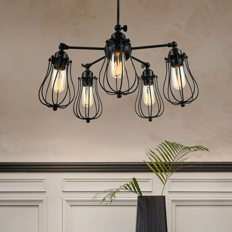 18"/25.5" W 5 Lights Chandelier Lighting Farmhouse Wire Cage Iron Ceiling Light Fixture with Bulb Shade in Black Clearhalo 'Cast Iron' 'Ceiling Lights' 'Chandeliers' 'Industrial Chandeliers' 'Industrial' 'Metal' 'Middle Century Chandeliers' 'Rustic Chandeliers' 'Tiffany' Lighting' 600718