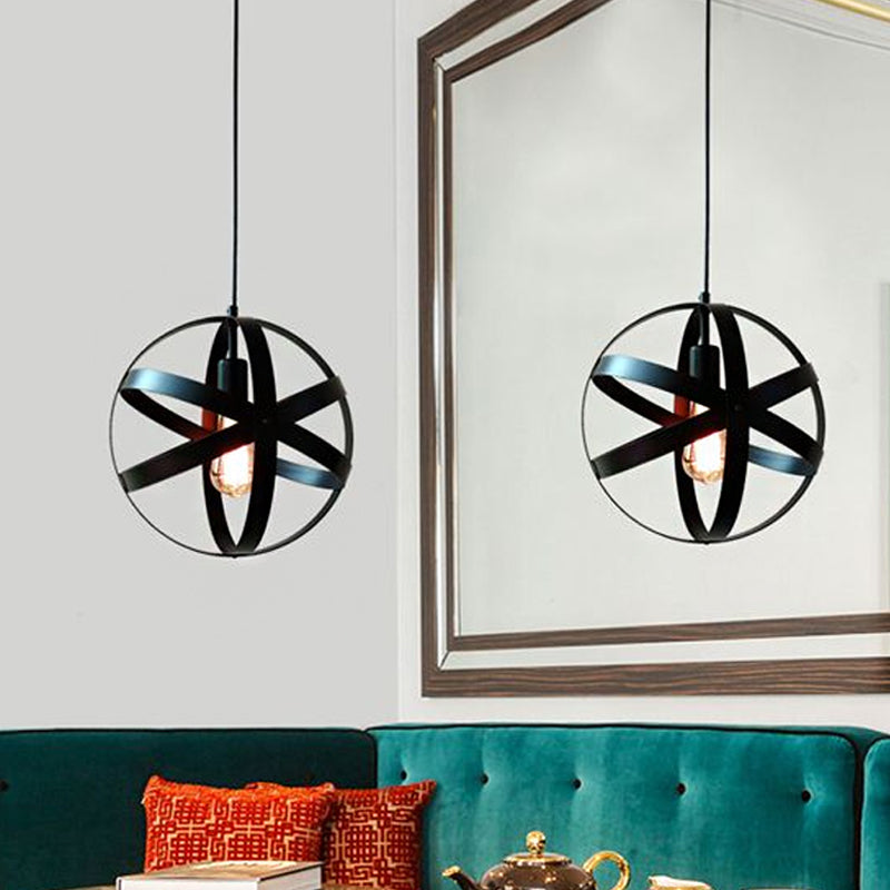 8"/12"/16" W Black Orb Ceiling Lighting Retro Style Iron 1 Head Living Room Black Hanging Lamp Clearhalo 'Art Deco Pendants' 'Black' 'Cast Iron' 'Ceiling Lights' 'Ceramic' 'Crystal' 'Industrial Pendants' 'Industrial' 'Metal' 'Middle Century Pendants' 'Pendant Lights' 'Pendants' 'Rustic Pendants' 'Tiffany' Lighting' 601485