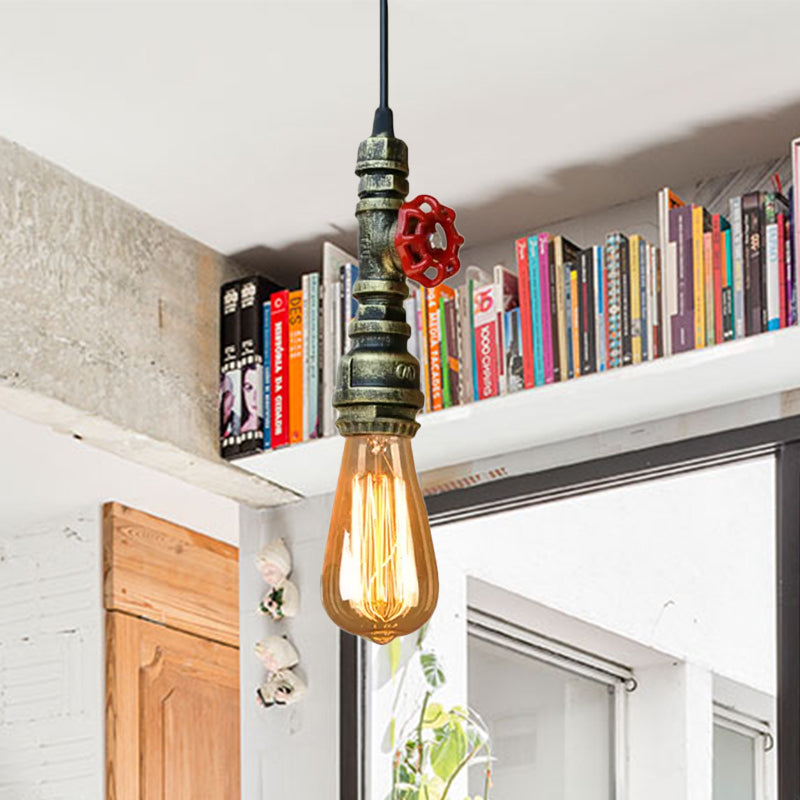 Farmhouse Style Pipe Hanging Lamp 1 Bulb Wrought Iron Hanging Light Fixture with Red Valve in Black/Silver/Brass Antique Brass Clearhalo 'Art Deco Pendants' 'Black' 'Cast Iron' 'Ceiling Lights' 'Ceramic' 'Crystal' 'Industrial Pendants' 'Industrial' 'Metal' 'Middle Century Pendants' 'Pendant Lights' 'Pendants' 'Rustic Pendants' 'Tiffany' Lighting' 601503