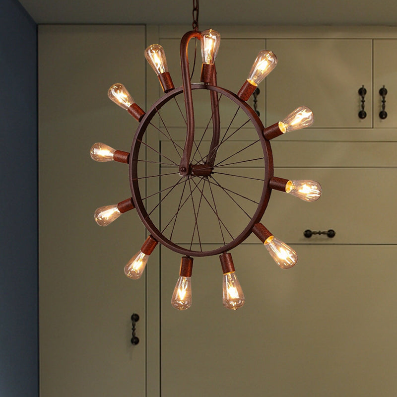 Antique Copper Wheel Ceiling Light Metal 12 Lights Large Pendant Lighting Fixture with 39" Adjustable Chain Weathered Copper Clearhalo 'Art Deco Pendants' 'Cast Iron' 'Ceiling Lights' 'Ceramic' 'Crystal' 'Industrial Pendants' 'Industrial' 'Metal' 'Middle Century Pendants' 'Pendant Lights' 'Pendants' 'Tiffany' Lighting' 601663