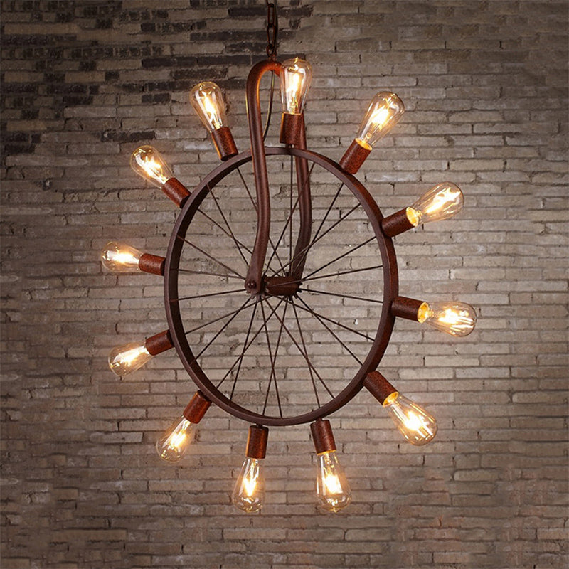 Antique Copper Wheel Ceiling Light Metal 12 Lights Large Pendant Lighting Fixture with 39" Adjustable Chain Clearhalo 'Art Deco Pendants' 'Cast Iron' 'Ceiling Lights' 'Ceramic' 'Crystal' 'Industrial Pendants' 'Industrial' 'Metal' 'Middle Century Pendants' 'Pendant Lights' 'Pendants' 'Tiffany' Lighting' 601665