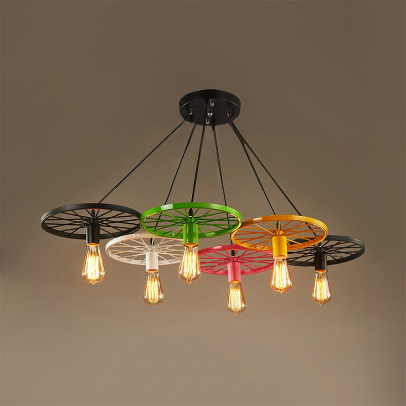 3/6/8 Heads Wheel Design Ceiling Fixture with Bare Bulb Vintage Industrial Black/Rust Metal Hanging Light Clearhalo 'Art Deco Pendants' 'Black' 'Cast Iron' 'Ceiling Lights' 'Ceramic' 'Crystal' 'Industrial Pendants' 'Industrial' 'Metal' 'Middle Century Pendants' 'Pendant Lights' 'Pendants' 'Rustic Pendants' 'Tiffany' Lighting' 601710