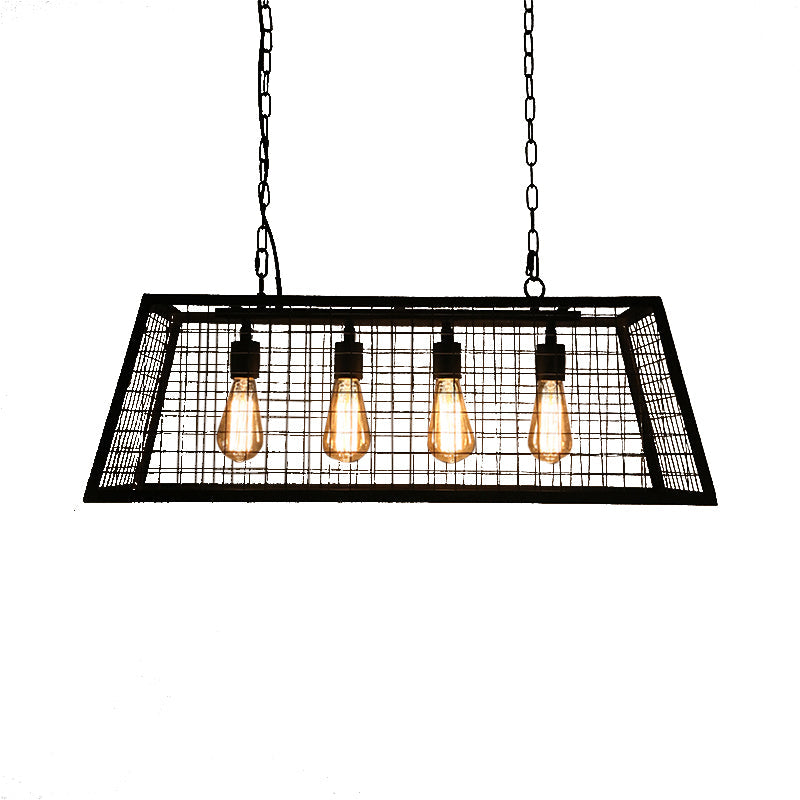 Vintage Stylish Trapezoid Cage Island Pendant Lamp 4 Lights Metal Hanging Light Fixture with Adjustable Chain in Black Clearhalo 'Ceiling Lights' 'Island Lights' Lighting' 601843