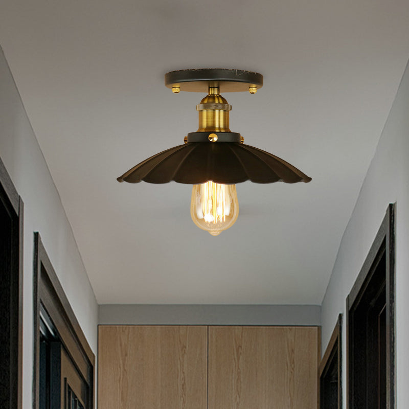 Scalloped Edge Balcony Semi Flush Light Vintage Style Metal 1 Light Black/Rust Ceiling Light Fixture Clearhalo 'Ceiling Lights' 'Close To Ceiling Lights' 'Close to ceiling' 'Flush mount' 'Industrial Flush Mount' Lighting' 602302