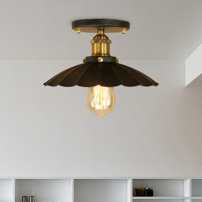 Scalloped Edge Balcony Semi Flush Light Vintage Style Metal 1 Light Black/Rust Ceiling Light Fixture Clearhalo 'Ceiling Lights' 'Close To Ceiling Lights' 'Close to ceiling' 'Flush mount' 'Industrial Flush Mount' Lighting' 602303