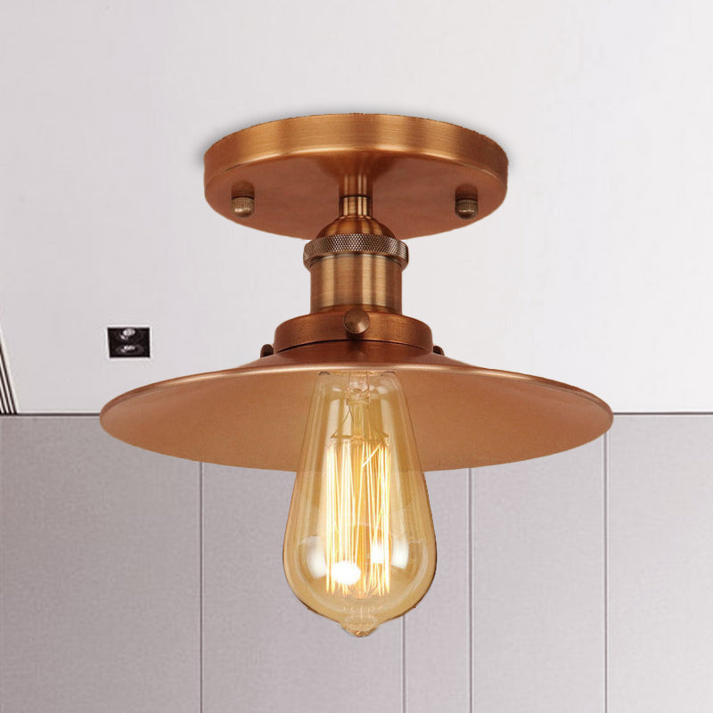 Black/Brass Flat Shade Semi Flush Light Vintage Style Metal 1 Bulb Kitchen Semi Flush Mount Lighting Copper Clearhalo 'Ceiling Lights' 'Close To Ceiling Lights' 'Close to ceiling' 'Flush mount' 'Industrial Flush Mount' Lighting' 602392