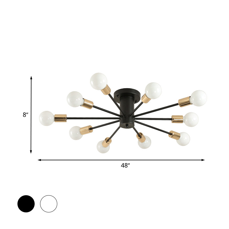 6/8 Heads Bare Bulb Semi Flush Mount Light Vintage Style Black/White Metallic Ceiling Light Fixture for Kitchen Clearhalo 'Ceiling Lights' 'Close To Ceiling Lights' 'Close to ceiling' 'Semi-flushmount' Lighting' 602591