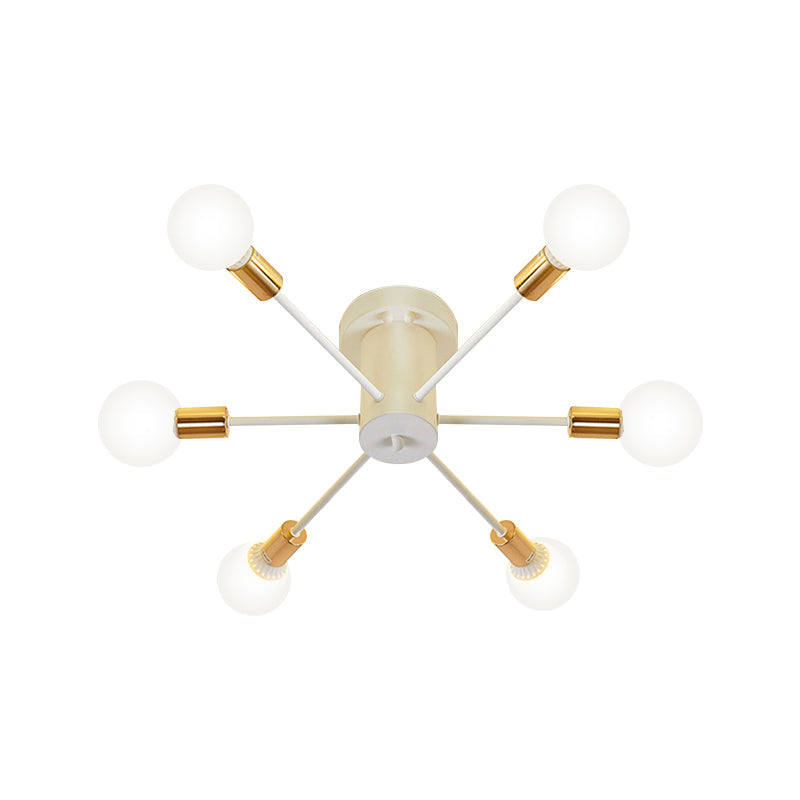 6/8 Heads Bare Bulb Semi Flush Mount Light Vintage Style Black/White Metallic Ceiling Light Fixture for Kitchen Clearhalo 'Ceiling Lights' 'Close To Ceiling Lights' 'Close to ceiling' 'Semi-flushmount' Lighting' 602600