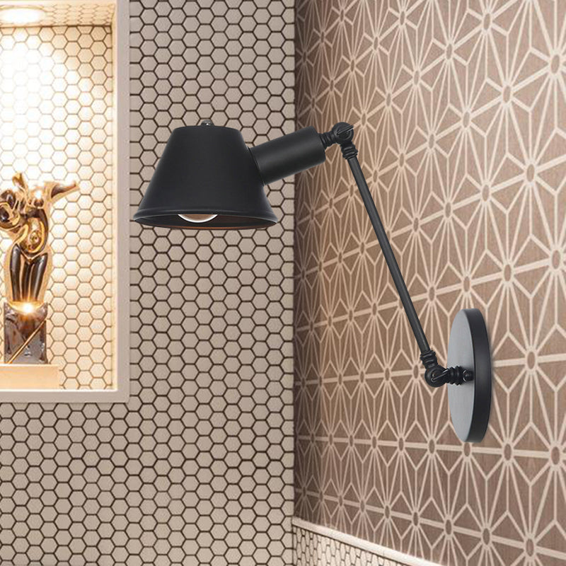 Black 1 Bulb Wall Lamp Sconce Farmhouse Iron Bell Wall Mount Light Fixture with 8"/12" Long Swing Arm Black Clearhalo 'Art deco wall lights' 'Cast Iron' 'Glass' 'Industrial wall lights' 'Industrial' 'Middle century wall lights' 'Modern' 'Rustic wall lights' 'Tiffany' 'Traditional wall lights' 'Wall Lamps & Sconces' 'Wall Lights' Lighting' 602920
