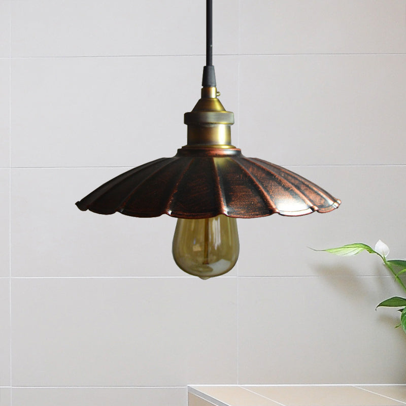 Antiqued Scalloped Drop Pendant Light 1 Bulb 10"/14"/16.5" Wide Iron Ceiling Hang Fixture in Copper Copper Clearhalo 'Art Deco Pendants' 'Cast Iron' 'Ceiling Lights' 'Ceramic' 'Crystal' 'Industrial Pendants' 'Industrial' 'Metal' 'Middle Century Pendants' 'Pendant Lights' 'Pendants' 'Tiffany' Lighting' 603252