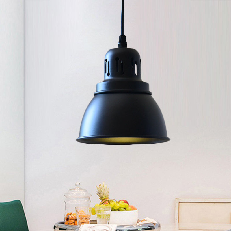 1-Bulb Iron Suspension Light Antiqued Black Finish Domed Stairway Pendant Lamp, 6"/7.5"/12" W Clearhalo 'Art Deco Pendants' 'Black' 'Cast Iron' 'Ceiling Lights' 'Ceramic' 'Crystal' 'Industrial Pendants' 'Industrial' 'Metal' 'Middle Century Pendants' 'Pendant Lights' 'Pendants' 'Rustic Pendants' 'Tiffany' Lighting' 603286