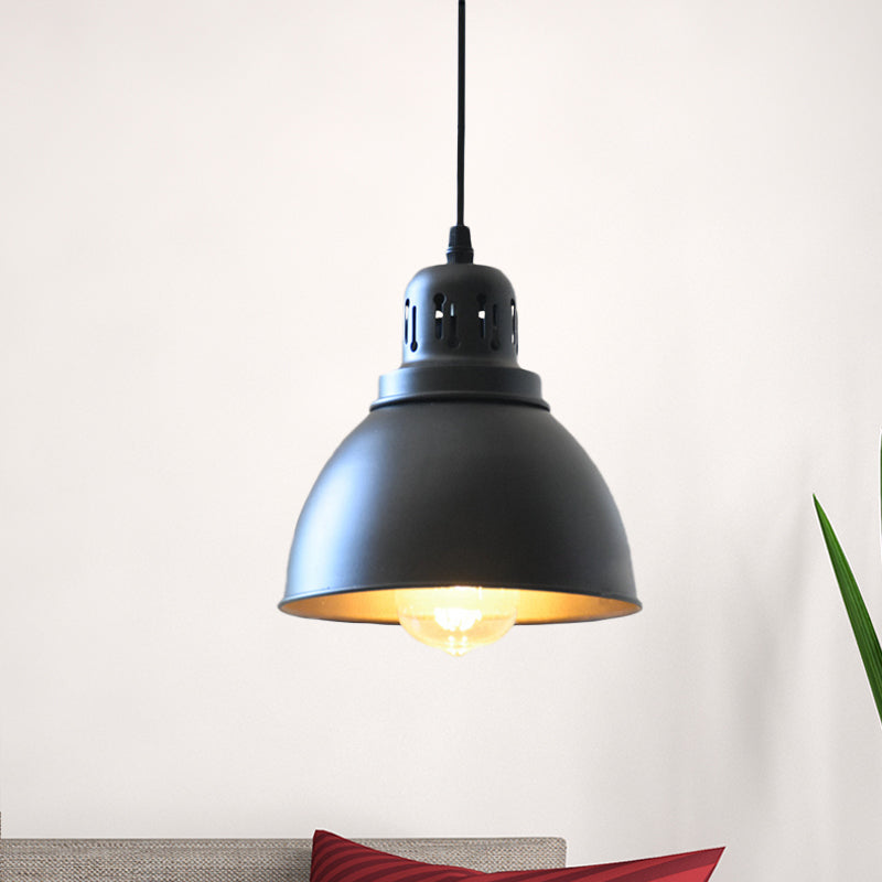 1-Bulb Iron Suspension Light Antiqued Black Finish Domed Stairway Pendant Lamp, 6"/7.5"/12" W Clearhalo 'Art Deco Pendants' 'Black' 'Cast Iron' 'Ceiling Lights' 'Ceramic' 'Crystal' 'Industrial Pendants' 'Industrial' 'Metal' 'Middle Century Pendants' 'Pendant Lights' 'Pendants' 'Rustic Pendants' 'Tiffany' Lighting' 603291