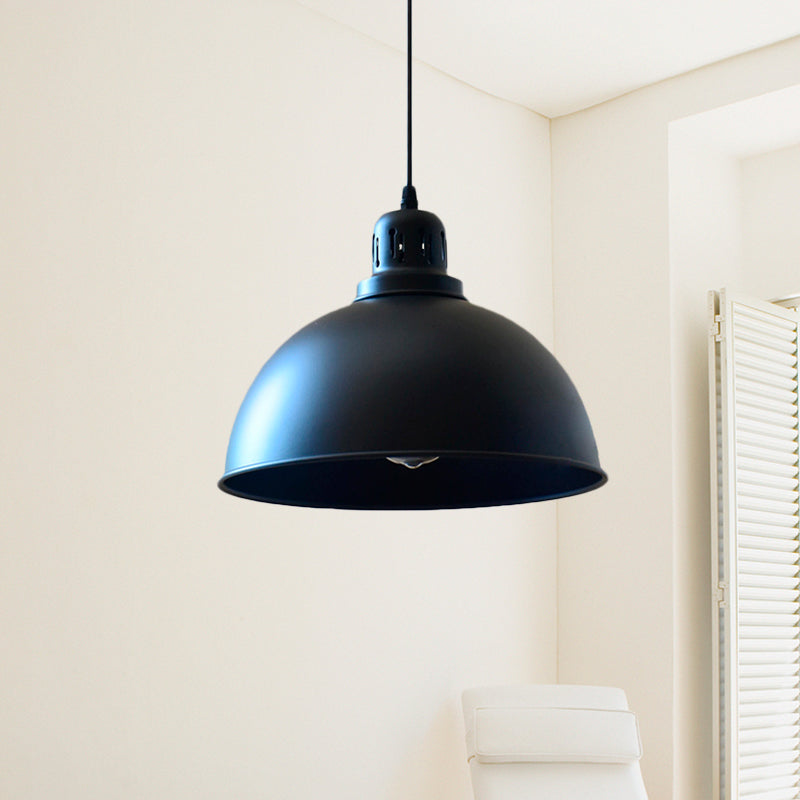 1-Bulb Iron Suspension Light Antiqued Black Finish Domed Stairway Pendant Lamp, 6"/7.5"/12" W Black 12" Clearhalo 'Art Deco Pendants' 'Black' 'Cast Iron' 'Ceiling Lights' 'Ceramic' 'Crystal' 'Industrial Pendants' 'Industrial' 'Metal' 'Middle Century Pendants' 'Pendant Lights' 'Pendants' 'Rustic Pendants' 'Tiffany' Lighting' 603294