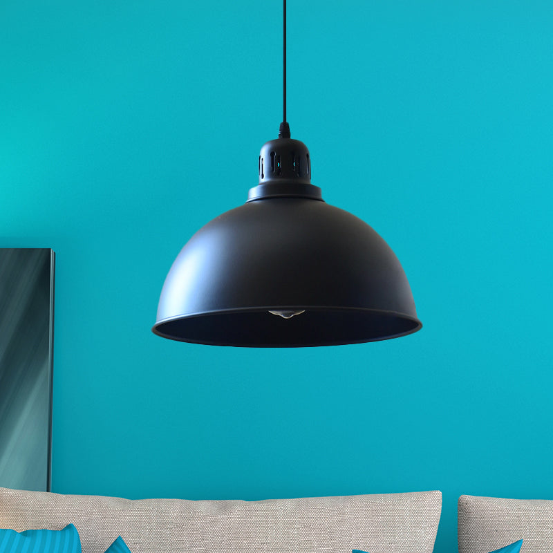 1-Bulb Iron Suspension Light Antiqued Black Finish Domed Stairway Pendant Lamp, 6"/7.5"/12" W Clearhalo 'Art Deco Pendants' 'Black' 'Cast Iron' 'Ceiling Lights' 'Ceramic' 'Crystal' 'Industrial Pendants' 'Industrial' 'Metal' 'Middle Century Pendants' 'Pendant Lights' 'Pendants' 'Rustic Pendants' 'Tiffany' Lighting' 603295