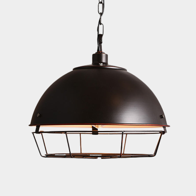 Iron Dome Hanging Lamp Farmhouse 1 Bulb Dining Room Pendant Lighting in Black/Rust/Silver with Cage Clearhalo 'Art Deco Pendants' 'Black' 'Cast Iron' 'Ceiling Lights' 'Ceramic' 'Crystal' 'Industrial Pendants' 'Industrial' 'Metal' 'Middle Century Pendants' 'Pendant Lights' 'Pendants' 'Rustic Pendants' 'Tiffany' Lighting' 603477