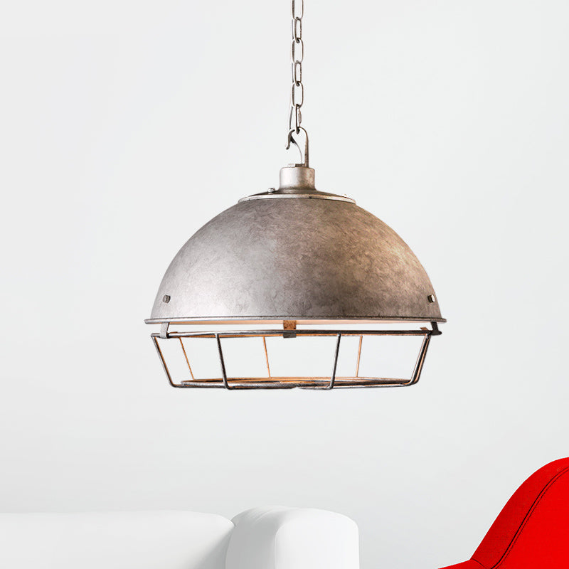 Iron Dome Hanging Lamp Farmhouse 1 Bulb Dining Room Pendant Lighting in Black/Rust/Silver with Cage Clearhalo 'Art Deco Pendants' 'Black' 'Cast Iron' 'Ceiling Lights' 'Ceramic' 'Crystal' 'Industrial Pendants' 'Industrial' 'Metal' 'Middle Century Pendants' 'Pendant Lights' 'Pendants' 'Rustic Pendants' 'Tiffany' Lighting' 603480